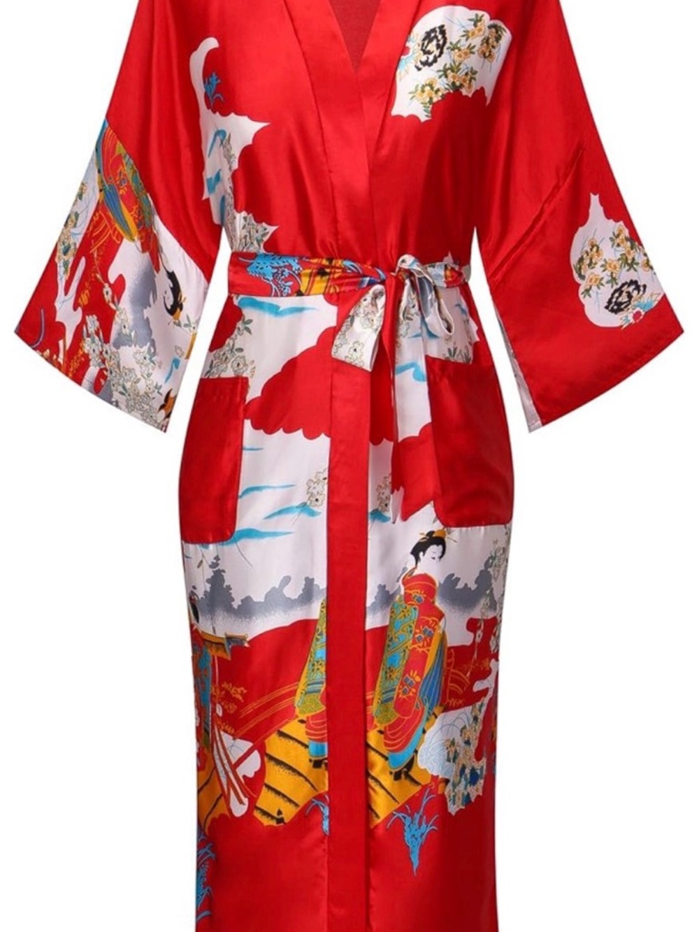 Red Satin Kimono Robe with Oriental Print - Women's Intimates, handmade